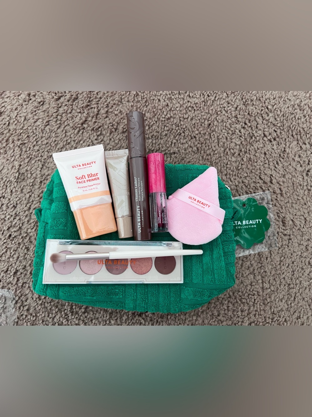 ULTA Beauty Makeup Set with Pink Sponge & Neutral Eyeshadow Palette green bag
